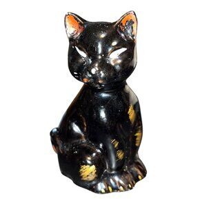 Vintage MCM Glazed Redware Black Cat Figurine Gold Accents Red Ears 1950s Japan
